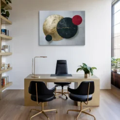Large Minimalist Office Wall Decor Gold, Black and Red Abstract Circle Canvas Art