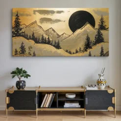Large Modern Gold Black Gray Mountainous Landscape Moon Canvas Wall Art