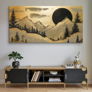 Large Modern Gold Black Gray Mountainous Landscape Moon Canvas Wall Art