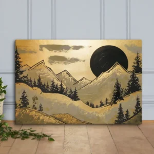 Large Modern Gold Black Landscape Canvas Art Serene Mountain Wall Décor with Celestial Accents