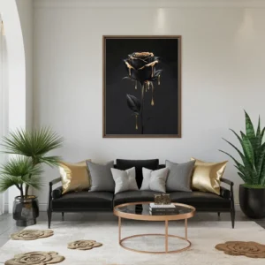 Large Tall Black Rose Gold Drip Framed Canvas Luxurious Living Room Wall Decor