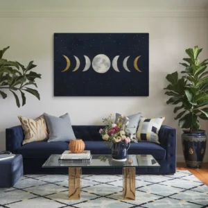 Lunar Passage Canvas Wall Art Modern Living Room in Navy Blue, Gold and Silver Gray