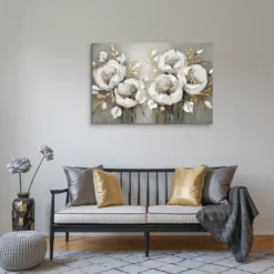 Luxe White Gold Gray Floral Canvas Print Minimalist Living Room Wall Decor Above Furniture