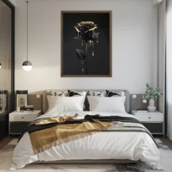 Luxurious Master Bedroom Above Headboard Wall Art Black Rose Gold Drip Framed Canvas
