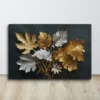 Large Luxury Botanical Canvas Wall Art Modern Silver and Gold Foliage on Textured Black Decor