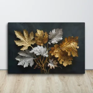 Large Luxury Botanical Canvas Wall Art Modern Silver and Gold Foliage on Textured Black Decor