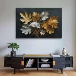 Luxury Silver, Gold and Black Botanical Canvas Print Contemporary Wall Decor