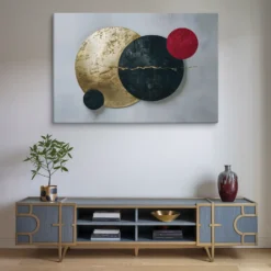 Massive Canvas Print Gold, Black and Red Abstract Circle Art