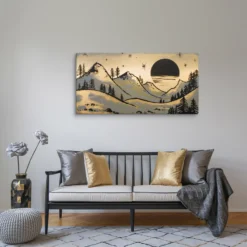 Minimalist Gold Black Gray Mountain Sunset Landscape Canvas Wall Art