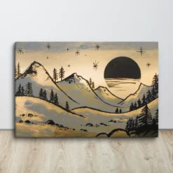Minimalist Golden Dusk Peaks Canvas Wall Art Gold Black Gray Landscape Decor
