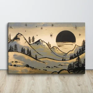 Minimalist Golden Dusk Peaks Canvas Wall Art Gold Black Gray Landscape Decor