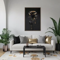 Minimalist Living Decor Black Rose Golden Drip Framed Canvas