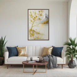Minimalist Living Room Wall Decor White Gold Floral Waterscape Artwork