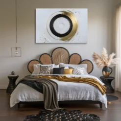 Minimalist White Gold Black Abstract Circles Canvas Art Farmhouse Bedroom Wall Decor