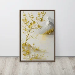 Minimalist White Gold Floral Riverscape Framed Canvas Wall Art Vertical