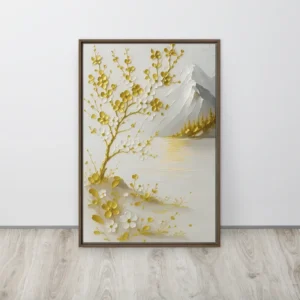 Minimalist White Gold Floral Riverscape Framed Canvas Wall Art Vertical