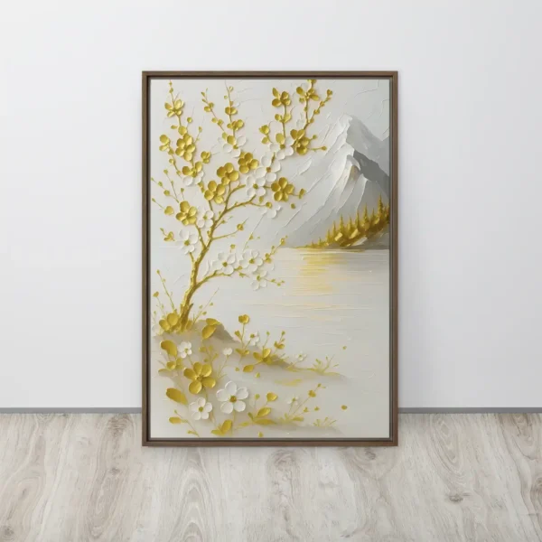 Minimalist White Gold Floral Riverscape Framed Canvas Wall Art Vertical