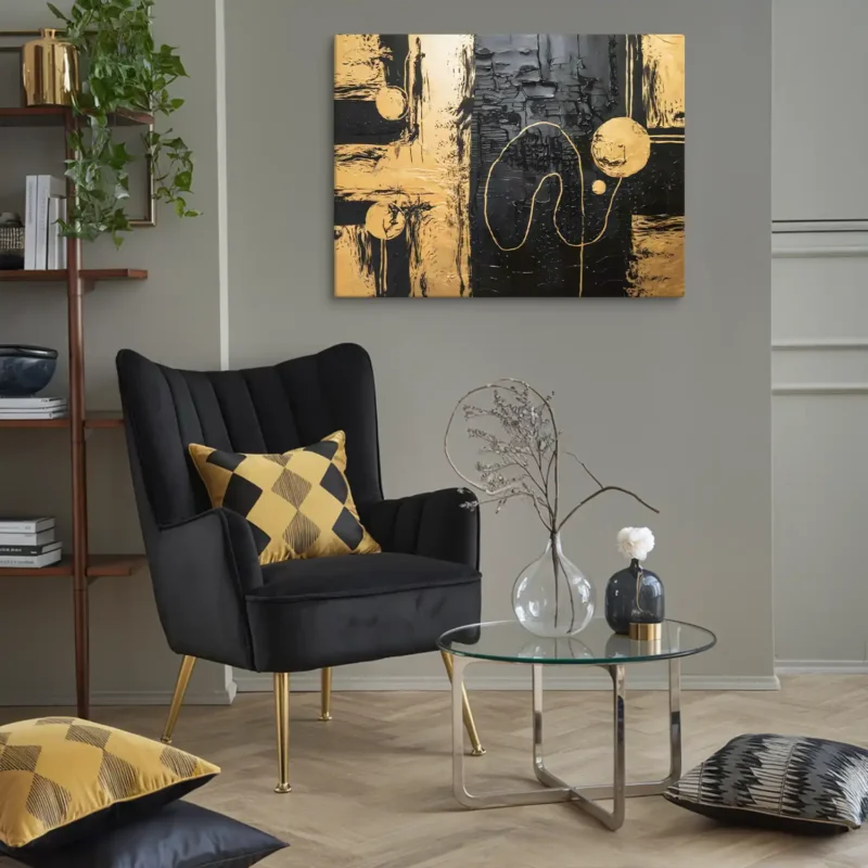 Modern Luxe Abstract Canvas Lounge Room Black Yellow Scheme