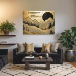 Moonlit Mountainous Landscape Canvas Art Gold Black Wall Décor Modern Living room