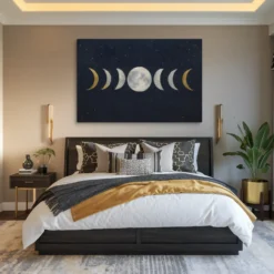 Navy, Gold & Silver Moon Phase Canvas Cozy Bedroom Wall Decor