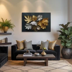 Opulence Botanical Canvas Print Modern Living Wall Hanging Silver, Gold and Textured Black Backdrop