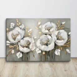 Opulent Bloom White Gold Gray Floral Canvas Wall Art Large Horizontal