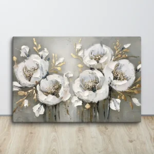 Opulent Bloom White Gold Gray Floral Canvas Wall Art Large Horizontal
