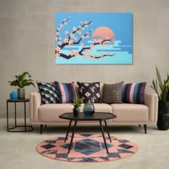 Pink Blue Cherry Floral Metal Print Living Rooom