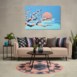 Pink Blue Cherry Floral Metal Print Living Rooom