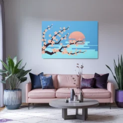 Pink Blue Cherry Floral Art Aluminum Print Wall Decor