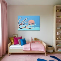 Pink Blue Floral Metallic Print Kids Bedroom Wall Decor