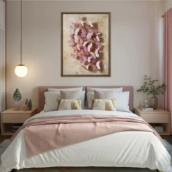 Pink Gold Butterflies Feminine Master Bedroom Canvas Wall Art Above Headboard