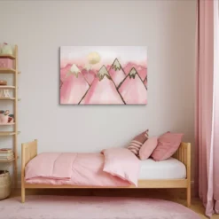 Pink Gold Foil Mountain Peaks Sunset Canvas Wall Art Kids Bedroom