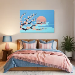 Pink cherry blue sky sunset cozy bedroom metal print wall hanging