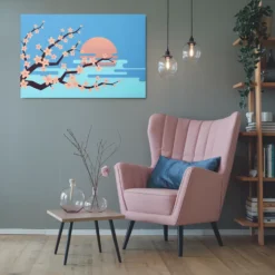 Pink cherry flowers Blue sky sun Lounge Wall Art