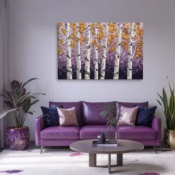 Purple Gold Birch Tree Wall Art Modern Living Room