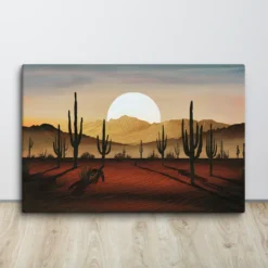 Vintage Golden Hour Desert Canvas Art Cacti at Sunset Landscape Wall Decor Large