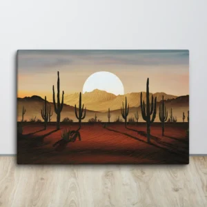 Vintage Golden Hour Desert Canvas Art Cacti at Sunset Landscape Wall Decor Large