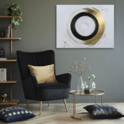 White Gold Black Abstract Circles Brushstroke Painting Canvas Lounge Room