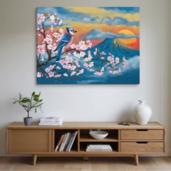 XXL Blue Jay Pink Cherry Blossom Orange Mountain Sunset Canvas Wall Hanging