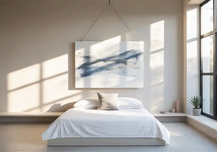 Artwork hanging from ceiling Bedroom