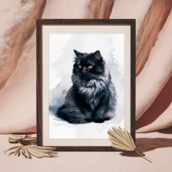 Fluffy Black Cat Watercolor Free Printable Digital Wall Art