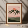 Minimalist Mountainscape Digital Art Print Dark Green & Peach Pink