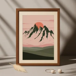 Minimalist Mountainscape Digital Art Print Dark Green & Peach Pink