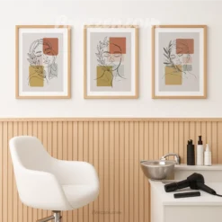 3 Piece Abstract Leafy Woman Face Line Drawing with Geometric Blocks Printable Wall Art Beauty Room Home