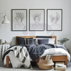 3 Piece Black White Minimalist Woman Botanical Line Art Printable Wall Art Feminine Bedroom