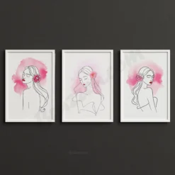 3 Piece Minimalist Pink Flower Girl Line Art Wall Prints Digital Download