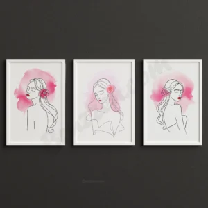 3 Piece Minimalist Pink Flower Girl Line Art Wall Prints Digital Download