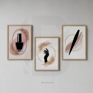 3 Set Abstract Nail Salon Wall Art Featuring Polish, File and Hand in Blush and Gold- Printable Decor
