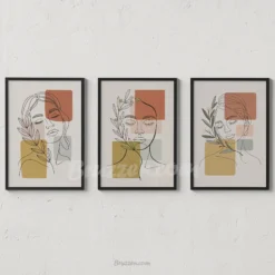 3 Set Abstract Leafy Woman Line Drawing with Geometric Blocks Minimalist Prints